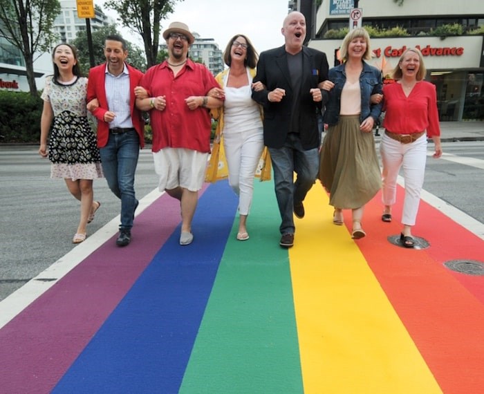  From left: City of North Vancouver Couns. Tina Hu and and Tony Valente, North Shore Pride Alliance co-founder Gary Fluffer Woods, Mayor Linda Buchanan, Alliance co founder Chris Bolton, and Couns. Jessica McIlroy and Angela Girard make the first crossing of the first rainbow crosswalk in the City of North Vancouver, Friday morning. Photo by Mike Wakefield/North Shore News