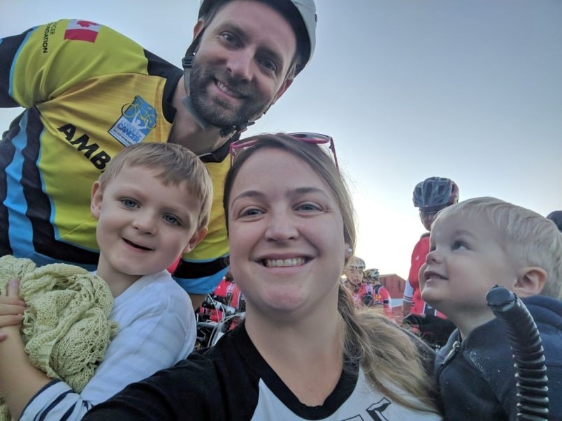  Adam Radziminski with his daughter Emma, wife Sarah and son Matthew at the end of the 2017 Ride to Conquer Cancer.