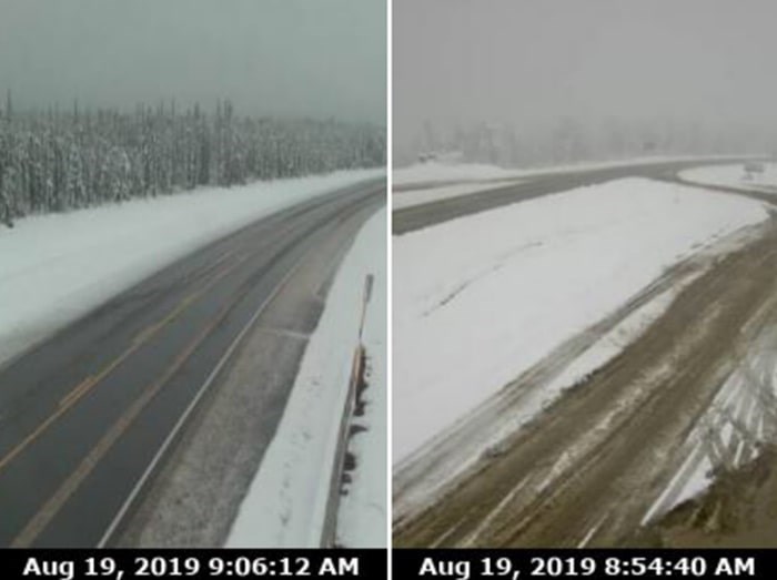  Highway 97 near Fort Nelson, Steamboat Hill (left) and Sikanni Chief, are covered in snow during unusual weather patterns in the middle of August 2019 (via Drive B.C./Kyle Balzer)