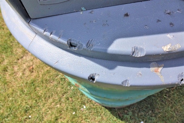  Claw marks on a City of Burnaby garbage can at Deer Lake that resident John Preissl says are from bears, although raccoons are also known to inhabit the area. Photo courtesy John Preissl
