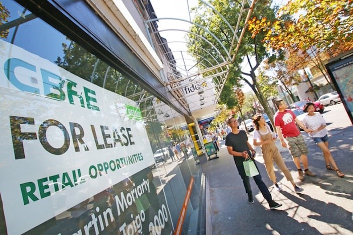  Empty storefronts on Robson Street, Vancouver. File photo by Rob Kruyt/Business In Vancouver