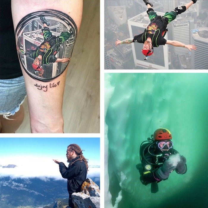  Top two images: A comparison of Rachel Polite's tattoo and the photograph of her late brother. Bottom, a shot from the underwater release of Racicot's ashes, and, bottom left, another release in France.