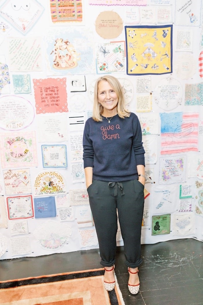  Diana Weymar at the opening of the Tiny Pricks exhibition at Lingua Franca in New York City. The Victoria artist curates a collection of textiles hand-stitched with the words of U.S. President Donald Trump. Photo by Yvonne TNT/BFA.com