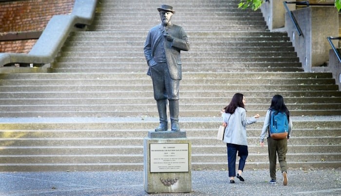  Having removed the Judge Begbie statue from Begbie Square in July, city council is now poised to consider a motion that would see Begbie Square (shown here, in front of the law courts on Carnarvon Street) and Begbie Street in downtown New West renamed Chief Ahan Square and Chief Ahan Street. New Westminster Record file photo