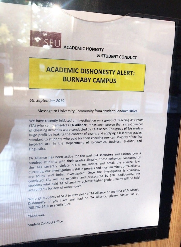  This notice that appeared around SFU's Burnaby campus Friday is a fake, according to the university. Photo contributed.