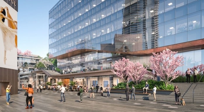  View from transit plaza looking southwest. Rendering Henriquez Partners Architects