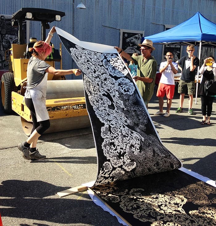  Artists and printmakers will team up to celebrate large‐scale woodcut printing using a steamroller as a press on Granville Island. Photo: BC Culture Days