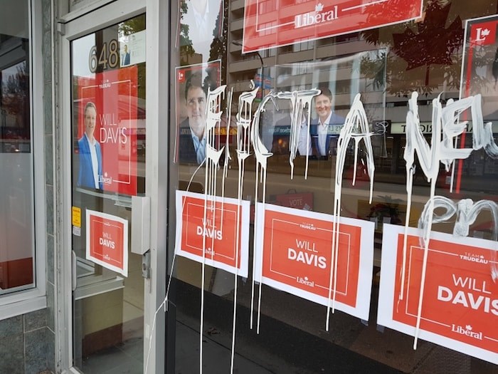  Vandals - who are clearly no fans of Prime Minister Justin Trudeau - smeared white paint on the windows of New Westminster-Burnaby Liberal candidate Will Davis overnight. It's the second act of vandalism at the office in a week. Photo contributed