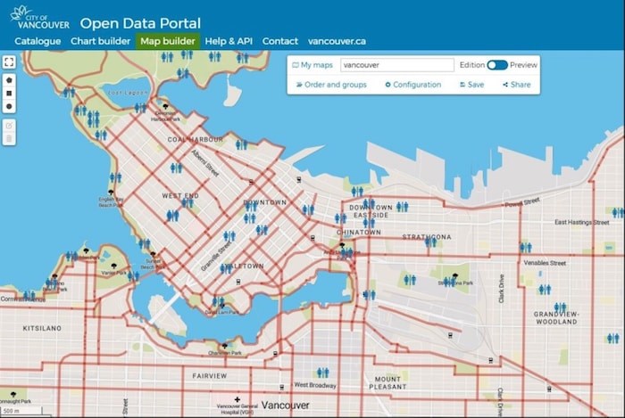  Here's the map I produced of bikeways (in red) and public washrooms (blue icons). You can do this, too, by going to Vancouver.ca and search 