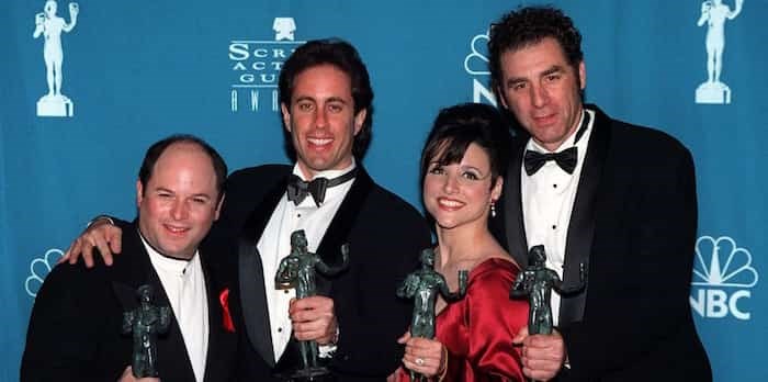  Photo: 22FEB97: Seinfeld stars JASON ALEXANDER (left), JERRY SEINFELD, JULIA LOUIS DREYFUS & MICHAEL RICHARDS with their Screen Actors Guild Awards for Comedy TV Series Ensemble. Pix: PAUL SMITH / Shutterstock