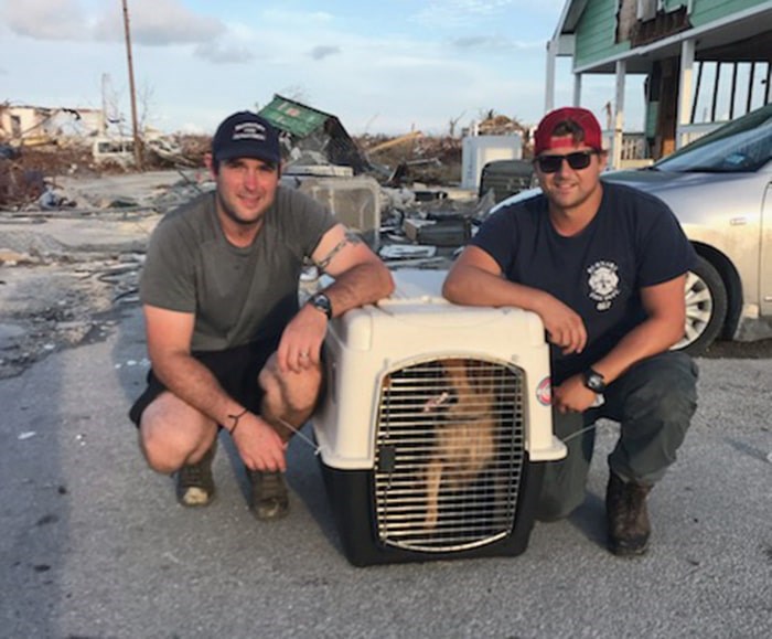  Burnaby firefighters Ryan Berry and Scott Murchison pose with a dog their team rescued on Great Abaco Island in the Bahamas. - Contributed