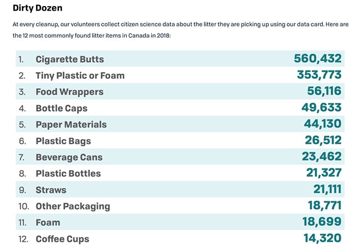  The Dirty Dozen list. Photo: Great Canadian Shoreline Cleanup