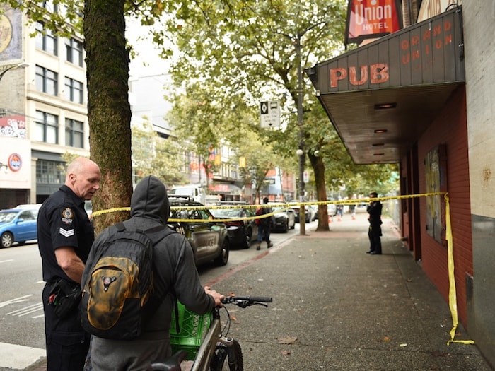  The third of a set of three shootings Sunday into Monday took place at the Grand Union Hotel at 74 West Hastings St. Photo by Dan Toulgoet/Vancouver Courier