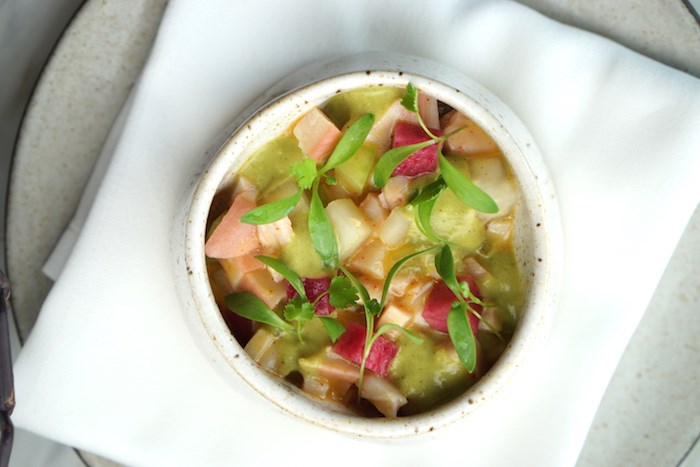  Halibut Crudo from the lunch prix fixe menu at Hawksworth. Photo courtesy Hawksworth