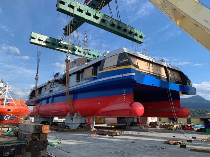  TransLink's Burrard Chinook, as it looked on delivery from Damen Shipyards. The catamaran will need to have its dual hulls increased in size before it can go into service. Photo courtesy TransLink