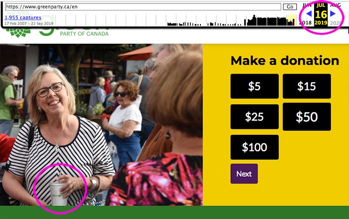  May with a much more on-brand cup in hand. Screengrab from the Wayback Machine's 