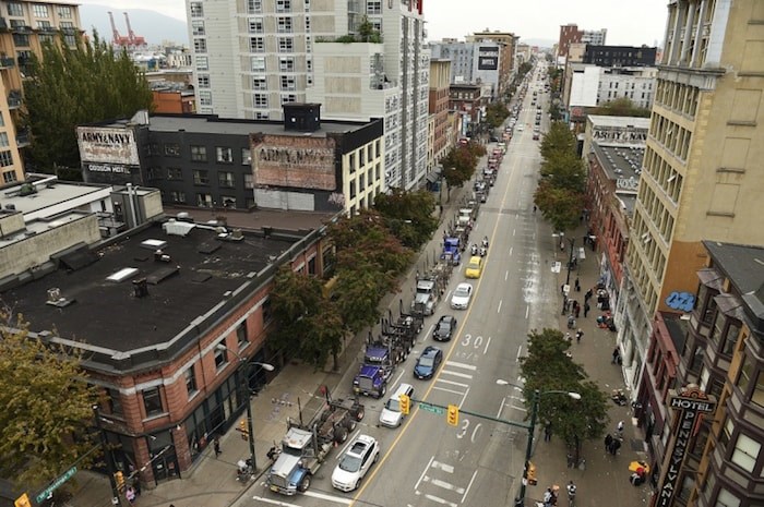  Hundreds of logging trucks lined up along Hastings Street as they made their way into Vancouver to protest the state of the B.C.’s forestry industry. Photo Dan Toulgoet