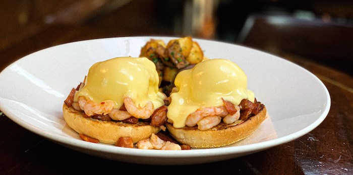  The Shrimp Chorizo Benny is one of the three Eggs Benedict options available for $12.95 at Joe Fortes during their Benny Bonanza. Photo courtesy Joe Fortes