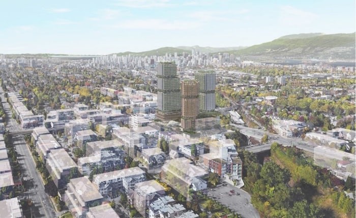  Aerial view of the proposed project looking northwest toward downtown. Rendering Perkins and Will