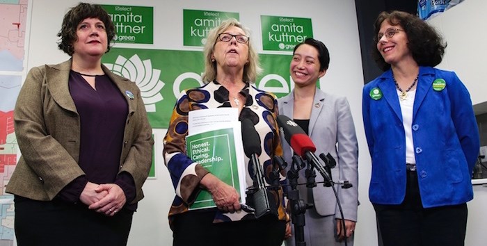  Green Party Leader Elizabeth May (centre-left) and Burnaby North-Seymour candidate Amita Kuttner (centre-right) announce a “robot tax,” flanked by Richmond Centre candidate Francoise Raunet (left) and New Westminster-Burnaby candidate Suzanne De Montigny. Photo by Dustin Godfrey/Burnaby NOW