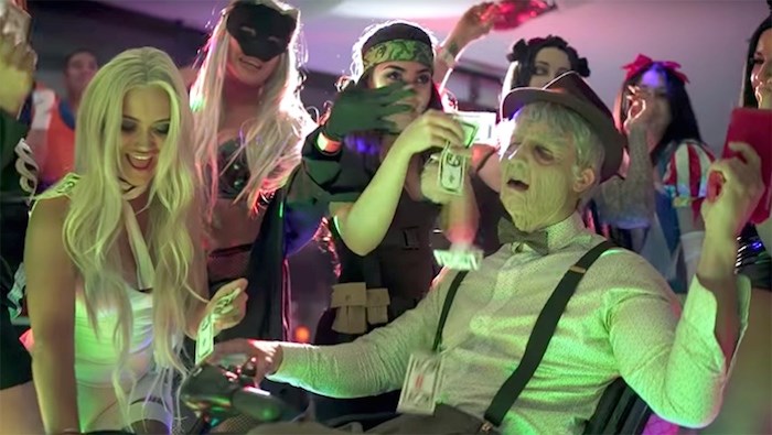  Rees Cameron, right, during a Halloween party at a property he rented on Pacific Street in Vancouver. Last summer, Cameron was one of the organizers of a house party in Anmore that saw multiple helicopter landings and several visits from police. Screenshot/YouTube