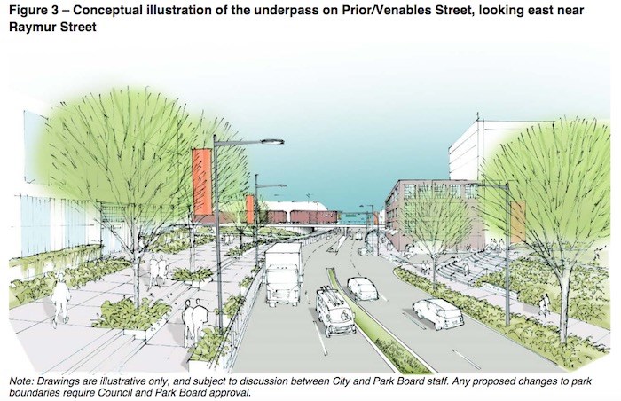  A City of Vancouver rendering of the proposed train bridge-underpass across Prior Street. Image courtesy City of Vancouver