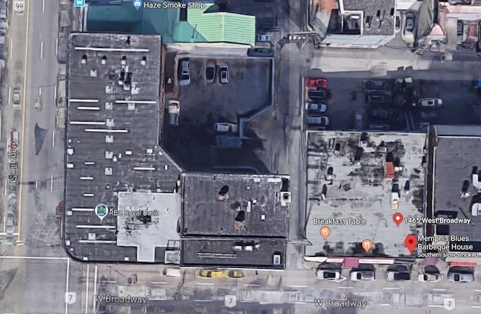  Google satellite view of the proposed development site at the corner of Broadway and Granville Street.