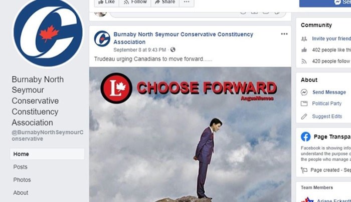  A meme urging Prime Minster Justin Trudeau to walk off a cliff was posted by the Burnaby North-Seymour Conservative Constituency Association while Heather Leung was still the candidate. Screenshot/Facebook