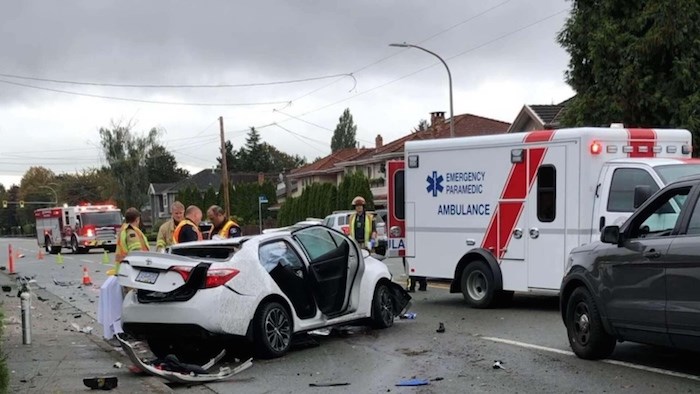  One of the damaged vehicles in the accident on Gilbert Road, at least one of which is believed to involve a police cruiser. Photo submitted