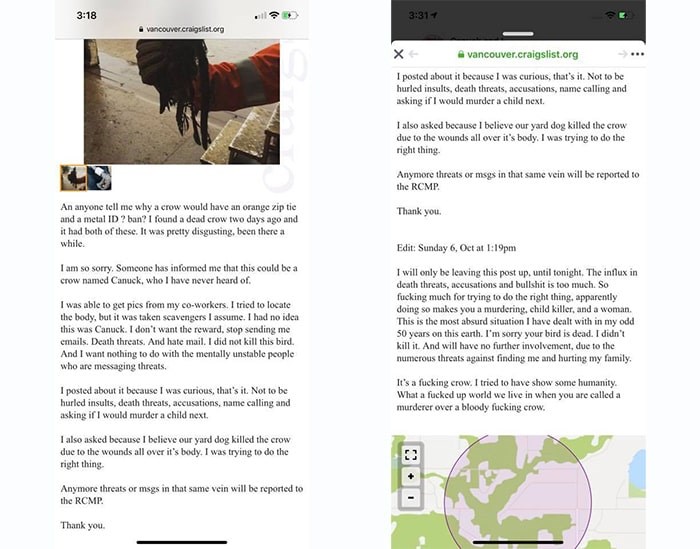  Mobile screenshots of the updated Craigslist post.