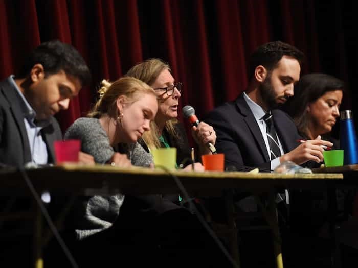  Taleeb Noormohamed (Liberals), Yvonne Hanson (NDP), Louise Boutin (Greens), Zach Segal (Conservatives) and Jody Wilson-Raybould (independent) are five of the six candidates running in Vancouver-Granville. Naomi Chocyk of the People's Party of Canada is not pictured. Photo: Dan Toulgoet