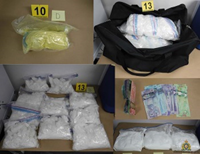  Police seized 10 kilograms of methamphetamine, 700 grams of fentanyl as well as drug cutting agents, processing materials, cellular phones, and cash during the search warrant in Vancouver. Photo: Chilliwack RCMP