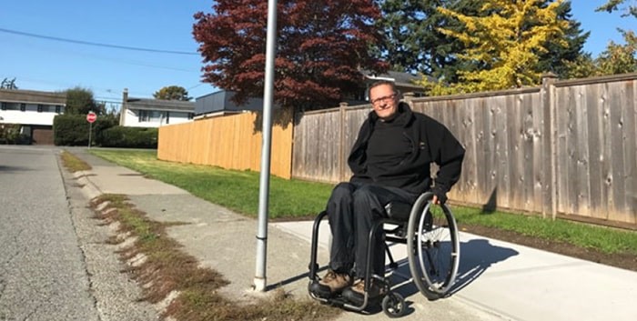 Ritchie Brennick wants to raise awareness about the lack of bus stops in Ladner where transit is willing to pick up the disabled. Photograph By Sandor Gyarmati