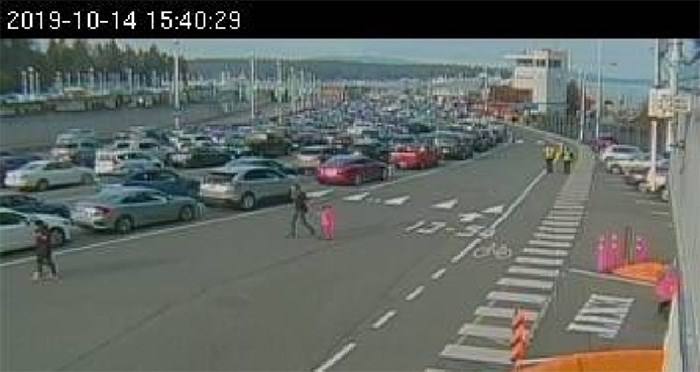  The Monday afternoon lineup at Swartz Bay for boarding ferries to Tsawwassen. Oct. 14, 2019