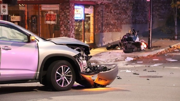  One man is in hospital with serious injuries after an afternoon crash in Burnaby Heights at the corner of Hastings Street and Ingleton Avenue. Photo by Shane MacKichan/Burnaby NOW