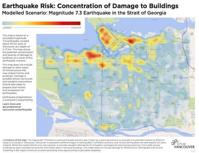  A newly-released map from the City of Vancouver shows which areas would see the most severe damage during a significant earthquake. Map courtesy City of Vancouver