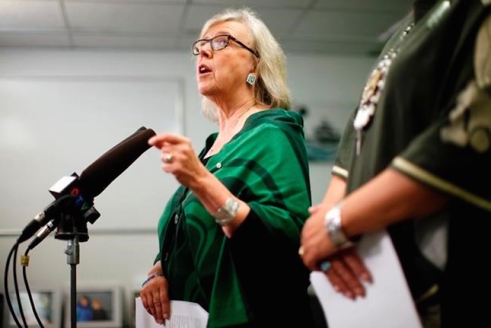  Green Party Leader Elizabeth May announces the Green government will expand the single-payer medicare model to include pharmacare for everyone during a press conference at the campaign office of candidate Racelle Kooy while in Victoria, Wednesday, Oct. 16, 2019. THE CANADIAN PRESS/Chad Hipolito