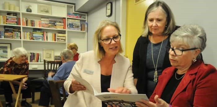  Adine Mees and Elaine McHarg of the West 鶹ýӳCommunity Foundation discuss Vital Signs with Susan Philcox of North Shore Volunteers for Seniors. photo Mike Wakefield, North Shore News