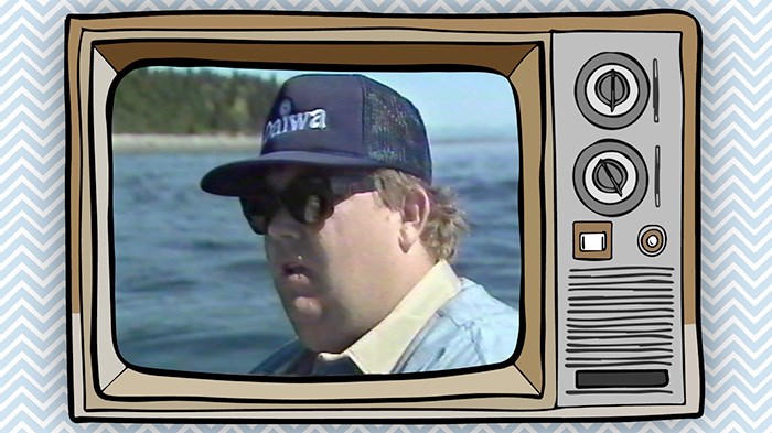  John Candy on a fishing boat, for the pilot of Break Away Outdoors. Screengrab