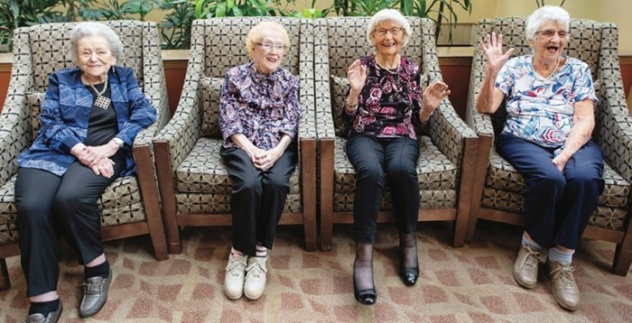  From left, Shirley Thurlbeck, who turns 100 on Sunday, Jean Kean, 101, Eula Johnson,102, and Eleanor Pattison, who reached 100 on Thursday, celebrate at the Wellesley complex in Victoria on Friday. Photo: Darren Stone