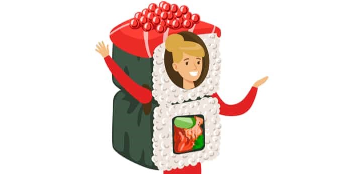  Photo: Smiling woman wearing sushi roll costume / Shutterstock