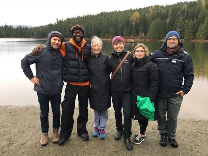  L-R: Grant Lawrence, Wakefield Brewster, Maude Barlow, Michael Crummey, Anakana Schofield, Leslie Anthony enjoy the calm and rejuvenating outdoors during this year’s 18th annual Whistler Writers Festival. Photo: Paul Shore.