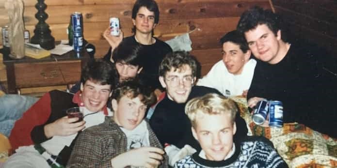  A young Grant Lawrence (centre with glasses) and friends enjoying Whistler’s partying ways circa 1988. Photo courtesy of Peter Winter.