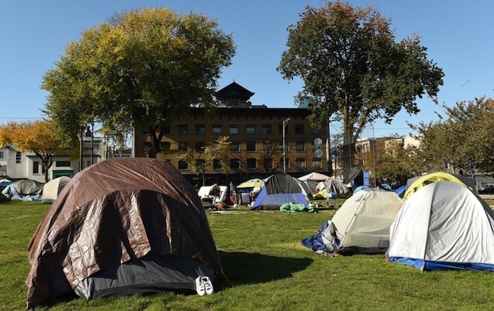  The tent city in Oppenheimer Park recently hit its one-year mark. Photo Dan Toulgoet