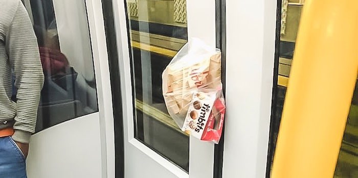  A passenger threw their Tim Hortons bag at the closing SkyTrain doors in the hopes it would hold the train for them. 