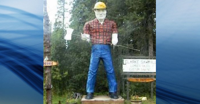  The Lumberjack statue that marked the site of the former Clarke Sawmill along the Alaska Highway was destroyed by fire. Photo via 