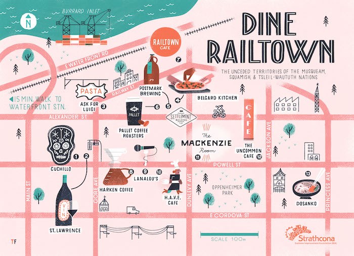  The Dine Railtown map was designed by Vancouver artist Tom Froese.