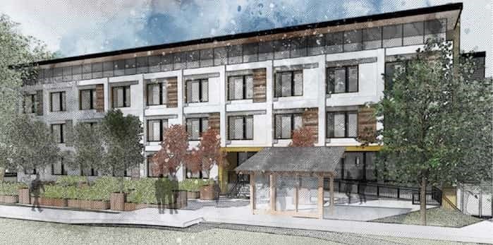  An achitecural rendering of a modular housing complex. Construction on the building approved for 3598 Copley St. is expected to begin in November.