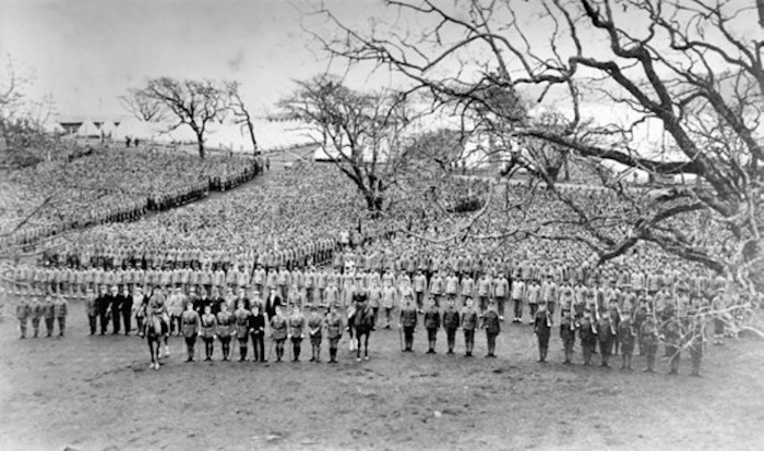  A parade drill led by the 5th British Columbia Company of the Royal Canadian Garrison Artillery, charged with imposing discipline on the recruits. Photo via Metchosin School Museum