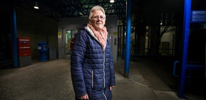  Marilyn Horsley at the entrance to the Victoria General Hospital. Horsley's son Andrew is on life support after spending seven days trapped under an ATV.